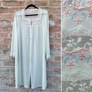 Vintage Sheer Nightgown MCM Tea Green Lace Trim Button Front Long Sleeve Midi